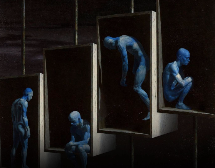 Four blue figures in separate dark frames, a surreal image about perspective and awakening